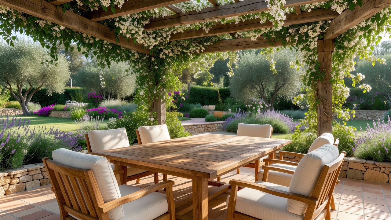 Comedor exterior bajo pérgola